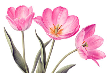 Naklejka premium Intricate Pink Tulips in Different Stages of Bloom with Delicate Green Leaves on a White Background