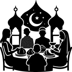 Minimal black and white silhouette of a family gathered around a table for Iftar vector art