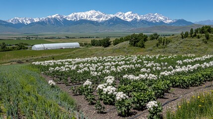Lush green crops thrive in the foreground with a modern greenhouse set against stunning mountain peaks and a bright sky