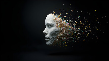 Abstract Digital Art White Face Sculpture Disintegrating into Colorful Particles