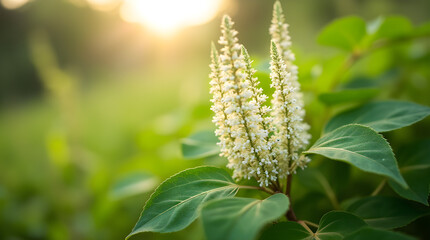 Beautiful Lush Green Leaves White Flower Spikes Plant Bokeh Sunlight Nature Close-up - Floral Bloom Blossom Outdoor Summer Garden Natural Beauty Image