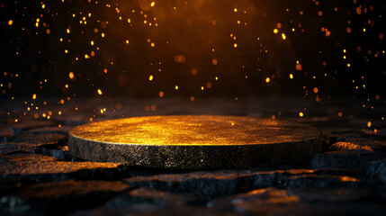 Golden podium on textured stone with sparkling particles for luxurious event design