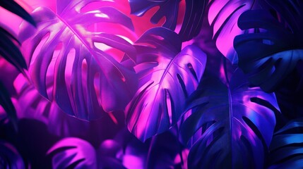 Neon monstera leaves bathed in vibrant purple and blue light
