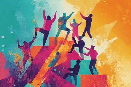 Diverse people are climbing steps toward success and a colorful future