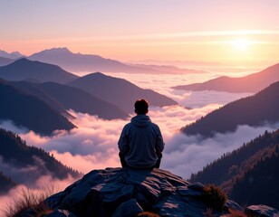 Obraz premium solitary figure silhouetted misty mountain vista contemplative nature photorealistic 8K rule of thirds golden hour vaporwave copy space for text