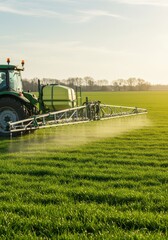 Fototapeta premium A modern tractor with a sprayer evenly processes a green field under the bright spring sun