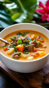Enjoying a bowl of Haitian soup joumou with vibrant pumpkin, beef, and vegetables on a wooden table adorned with tropical flowers