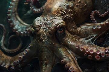 Fototapeta premium A detailed image showcasing the powerful presence of a giant octopus in the depths of the ocean, A symbol of power and strength in the underwater world
