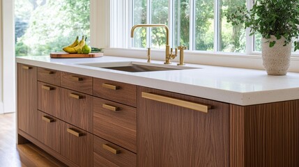 Contemporary kitchen featuring wooden cabinets with gold hardware accents