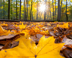Autumnal forest floor, vibrant fall foliage. Sunlight filters through the trees