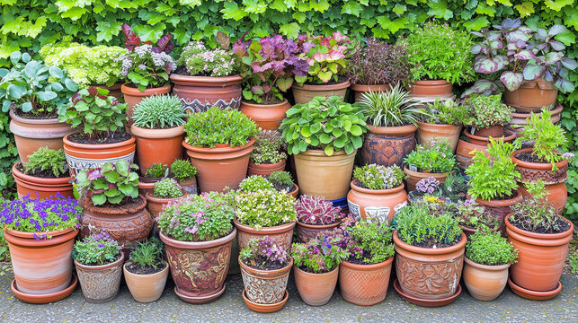 Un vibrante despliegue de macetas dispuestas en hileras, repletas de plantas ex&oacute;ticas y flores en flor. La tienda est&aacute; rodeada de vegetaci&oacute;n