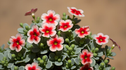 Obraz premium Beautiful Blooming Red White Primula Flowers with Silver Foliage - Close-up Nature Photo