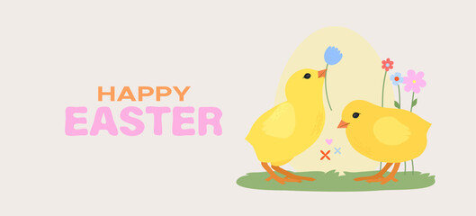 Fototapeta premium Cute chicks with flowers on a beige background. Happy Easter banner.