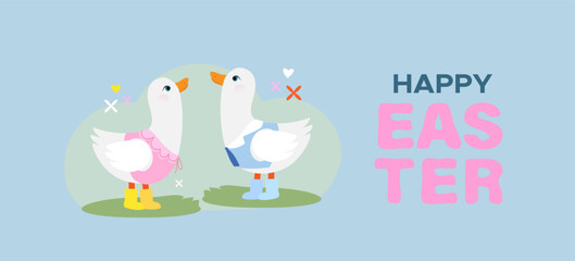 Cute goslings in boots on a blue background. Happy Easter banner.