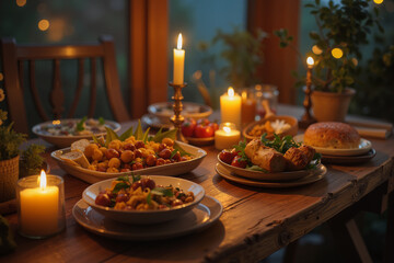 Naklejka premium Candlelit Dinner with Variety of Food and Warm Light