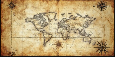 A vintage detailed world map with navigational compass designs