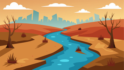 The onceflowing river now reduced to a small stream unable to sustain the surrounding vegetation and leaving it brown and withered.. Vector illustration