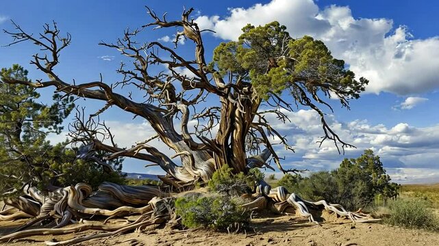 Verwachsener alter Baum in felsiger Landschaft unter blauem Himmel