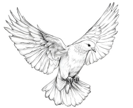 Colombe simple en vol - Dessin au trait line art, vecteur noir avec contour isol&eacute; fond transparent. Style minimaliste, peut convenir a page de livre de coloriage, journal, agenda, cahier.