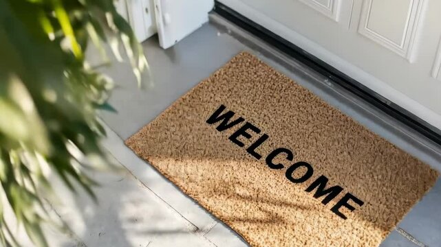 Brown welcome door mat placed outside entrance front door. Top view