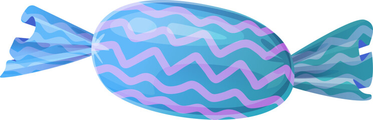 A vector illustration of a wrapped blue candy with a wavy pattern in soft pastel tones. The glossy surface and transparent wrapper give it a vibrant and appealing look. Perfect for designs related to