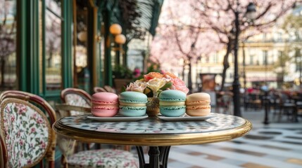 Colorful macarons on a Parisian cafe table under blooming cherry blossoms.