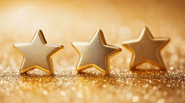 Three gold stars on a gold background. Suitable for rating, feedback, or quality themes.