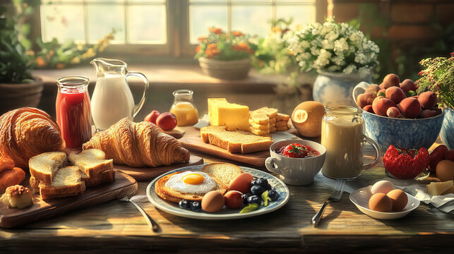 Breakfast meal banner concept. Morning food with toasts, eggs, cornflakes and coffee. Meal for mornings are bread, croissant, fruits, milk and chees