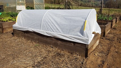 wooden bed for vegetable garden with a hobby polytunnel . Tunnel with thermal blanket for growing...
