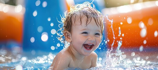 Joyful toddler splashes in colorful water park adventure