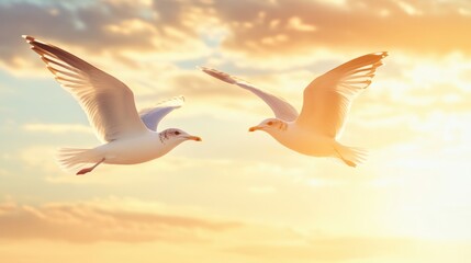 Obraz premium Coastal Birds Diving at Sunset Near Sandy Beach