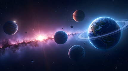 Vibrant Cosmic Space Planets Rings Nebula Digital Art