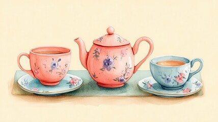 Classic afternoon tea set plating flat design side view British tea time watercolor Complementary Color Scheme