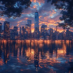 Fototapeta premium Dusk Over City Skyline Water Reflection high resolution hd background
