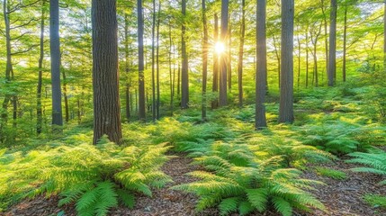 Obraz premium Sunlight streams through forest ferns