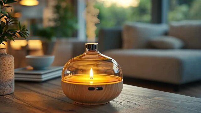 Modern diffuser on wooden table, tranquil living room, daytime