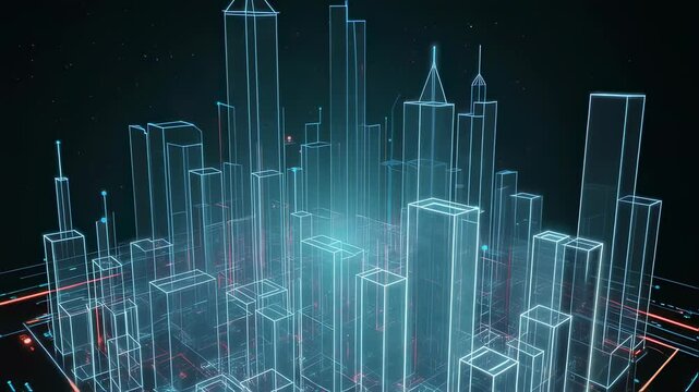 Futuristic holographic city with glowing blue skyscrapers on digital circuit base. Smart city technology visualization for urban planning, digital twin concept and metaverse applications.