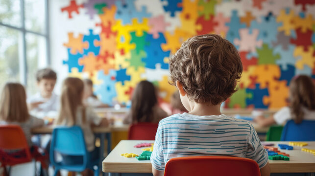 Children are sitting at their desks in a preschool classroom in a kindergarten decorated with multicolored jigsaw puzzles. World Autism Awareness Day - Powered by Adobe