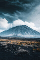 Magnificent volcanic peak surrounded by dramatic clouds, showcasing nature's power and beauty under a moody sky.