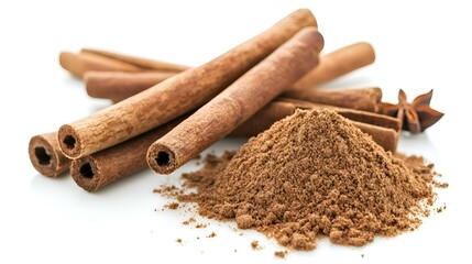Cinnamon sticks and powder isolated on white