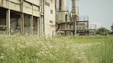 Overgrown field with abandoned industrial building in background.