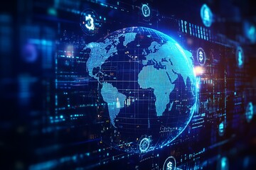 Fototapeta premium Abstract digital planet Earth in space with glowing light effects on a blue background