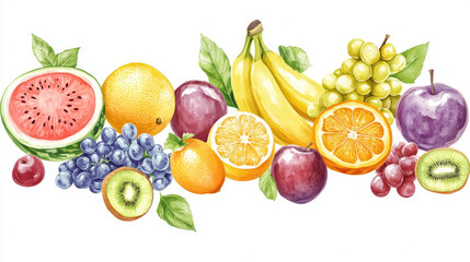 Fruit set of banners for fresh product or fruit farm market. Organic and natural food vector illustration. Banana, watermelon or melon, plum, orange, grapes, kiwi, mango, apple.