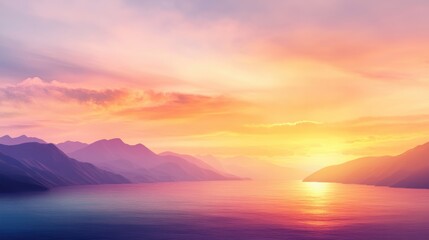 A stunning sunset over calm waters, framed by majestic mountains, The vibrant colors blend beautifully, perfect for travel blogs, relaxation themes, or nature-related projects,