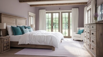 A tranquil luxury rustic bedroom featuring a large bed with a white comforter and teal accent pillows