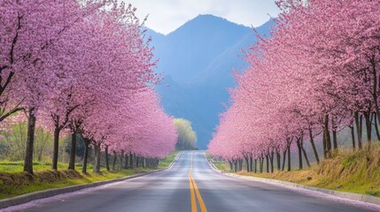 Scenic road lined with blossoming pink cherry trees leading to mountains.