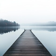 Fototapeta premium Serene misty lake scene with wooden dock extending to tranquil waters and distant trees.