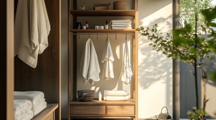 Natural light illuminates a luxurious modern walk in closet