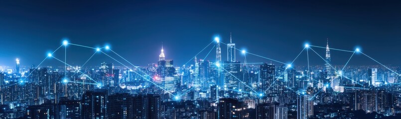A city skyline at night with network connections linking the buildings, representing the digital transformation and technology in urban settings Generative AI
