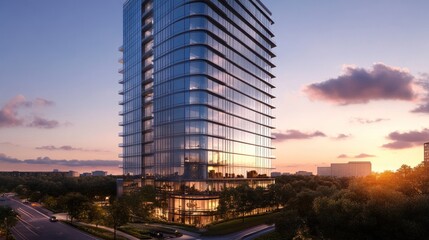 Fototapeta premium Modern Glass High Rise Building at Sunset